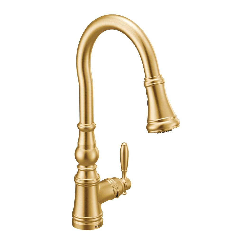 Algor Plumbing and Heating SupplyMoenWeymouth Shepherd''s Hook Pulldown Kitchen Faucet Featuring Metal Wand with Power Boost, Brushed Gold