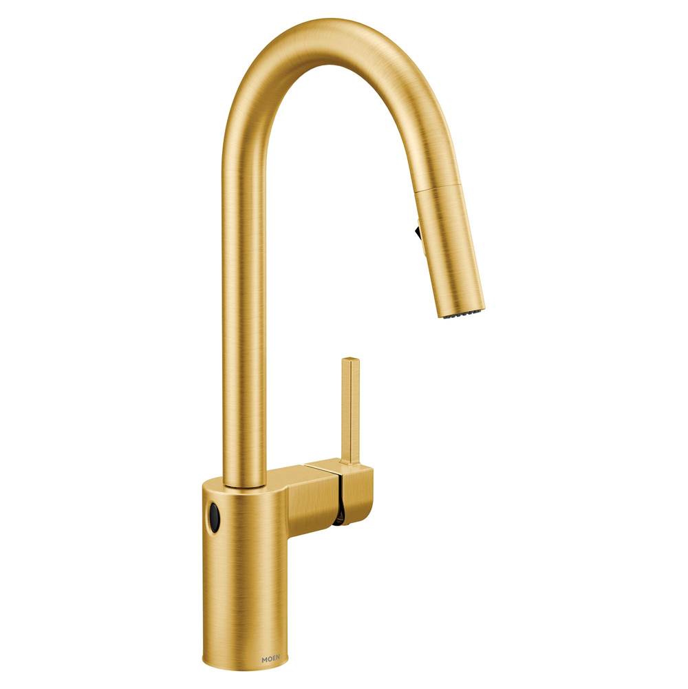 Algor Plumbing and Heating SupplyMoenAlign Motionsense Wave One-Sensor Touchless One-Handle High Arc Modern Pulldown Kitchen Faucet with Reflex, Brushed Gold