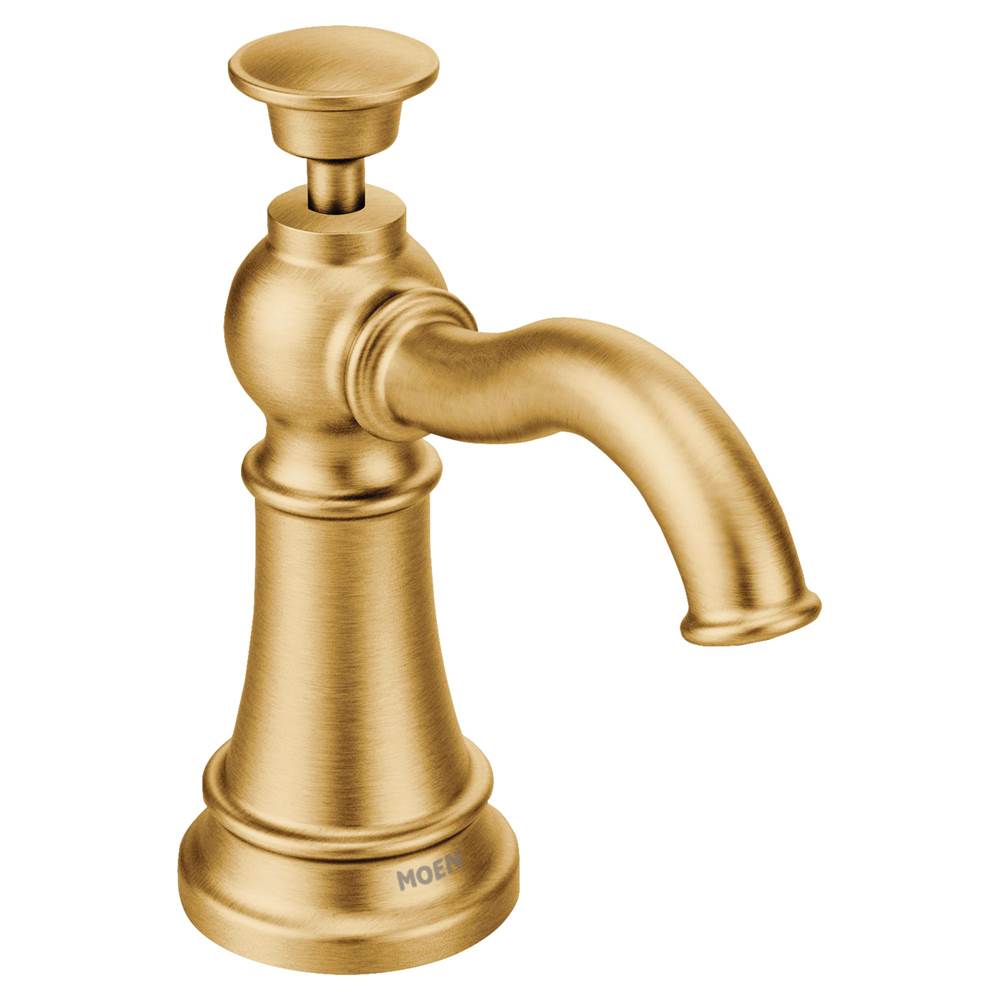 Algor Plumbing and Heating SupplyMoenTraditional Deck Mounted Kitchen Soap Dispenser with Above the Sink Refillable Bottle, Brushed Gold