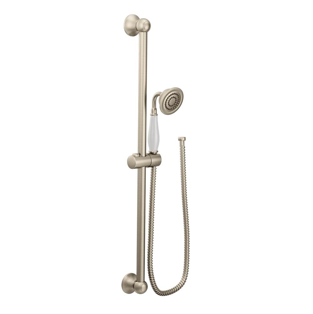 Algor Plumbing and Heating SupplyMoenWeymouth Traditional Eco-Performance Handshower Handheld Shower with 30-Inch Slide Bar and 69-Inch Metal Hose, Brushed Nickel